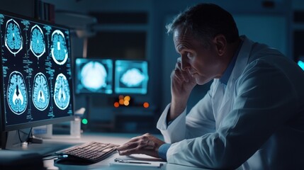 A doctor sits at a desk in the clinic, closely reviewing a brain MRI scan with a serious expression.