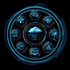 Digital interface displaying weather information with icons for cloud, wind, and rain. futuristic design features circular layout with glowing elements, representing data connectivity and