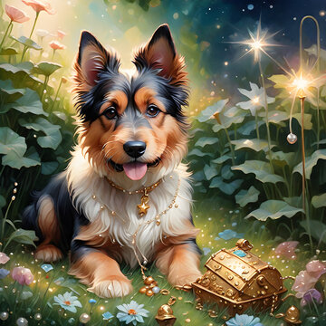 terrier dog in garden with treasure