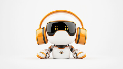 Cute robotic character wearing large orange headphones with digital eyes on a white background in futuristic design.