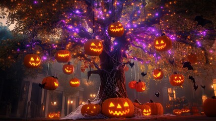 A street tree covered in glowing orange and purple lights for a Halloween party, with hanging lanterns and fake bats dangling from the branches. 