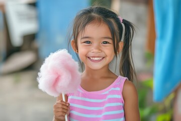 Young girl enjoying cotton candy in a sunny park during a cheerful afternoon