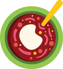 Green bowl containing red borscht with a dollop of sour cream and a spoon resting on top