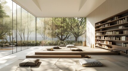 Fototapeta premium Stunning minimalist living room interior with floor to ceiling glass windows overlooking a serene natural landscape The space is designed with clean lines neutral tones and natural elements