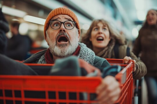 A person sitting in a shopping cart, looking surprised and taken aback