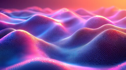 A vibrant, digital landscape of flowing, undulating waves illuminated with purple and orange hues, creating a mesmerizing visual effect.