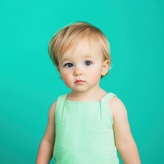 Naklejka premium Portrait of a curious Swiss toddler against a teal background
