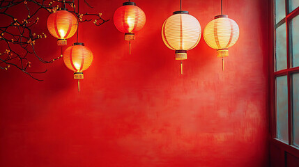 A serene close-up of red paper lanterns on a crimson wall, perfect for Chinese New Year celebrations, highlighting tradition and warmth in an inviting atmosphere.