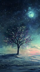 Fototapeta premium Glowing tree in snowy landscape under starry night sky.