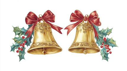 Two golden bells adorned with holly leaves, red berries, and red bows, symbolizing traditional Christmas decorations. Isolated on white background. 