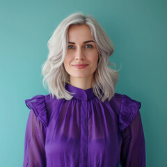 Fototapeta premium Joyful Russian woman in her forties wearing a stylish purple blouse
