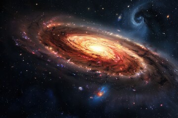 Glowing spiral galaxy with bright center and dark dust lanes in deep space.