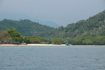 beautiful view of the tropical beach of Pahawang Island, Lampung. Landscape in the highland natural park. Panoramic view by the sea.