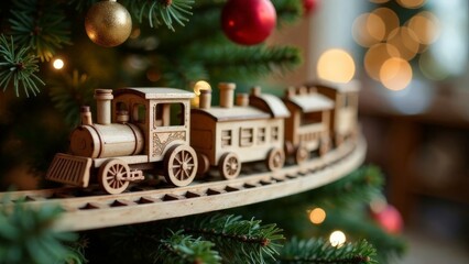 Wooden railway with a train around a Christmas tree, with bokeh and snow. Christmas card.