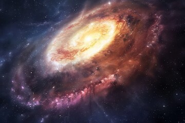 Glowing spiral galaxy with bright center and colorful swirling arms in deep space.