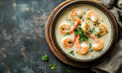 Cream soup with shrimps in a bowl on rustic background, view from above