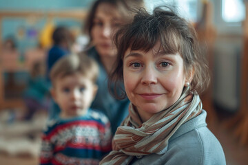 Fototapeta premium Generative AI Image of Elderly Nanny or Teacher Smiling in Warm Nursery Classroom Setting
