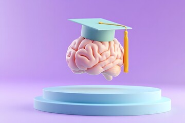 3D icon of a brain with a graduation hat on a podium, pastel color palette, minimalistic style, simple shapes