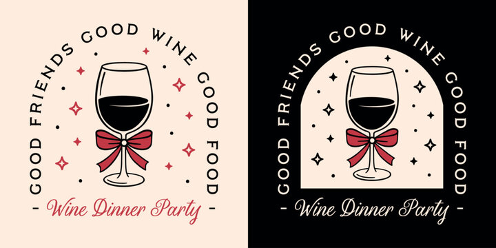 Wine dinner party New Year's Eve Christmas holidays friendsmas invitation card shirt design glass bow illustration. Funny quotes sayings good friends food lovers girls red black coquette aesthetic.