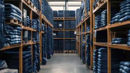 Fototapeta premium Warehouse Denim Inventory Stacked Jeans, Fabric, Apparel, Textiles, Clothing, Production, Manufactur