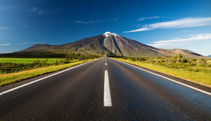 Naklejka premium long empty road with a mountain in the background