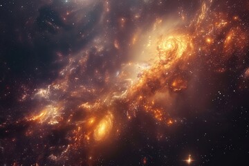 Glowing orange and yellow nebula and galaxies in deep space.