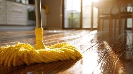 A bright yellow mop is placed on a wooden floor, ready for use
