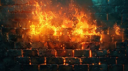 Fototapeta premium A fiery blaze emerges from a textured brick wall, creating a dramatic and intense atmosphere.