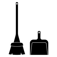Illustration depicting a black icon of a dustpan and broom for cleaning, on a white background