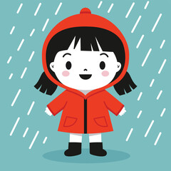 Happy kid in a red raincoat and rubber boots, playing in rainy weather with a smile cartoon vector illustration