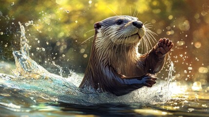A river otter emerging from the water with a playful splash, droplets scattering in the sunlight.