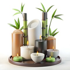 Fototapeta premium Luxurious Aromatherapy Candles Essential Oil Bottles Glossy Background for Spa Retreats
