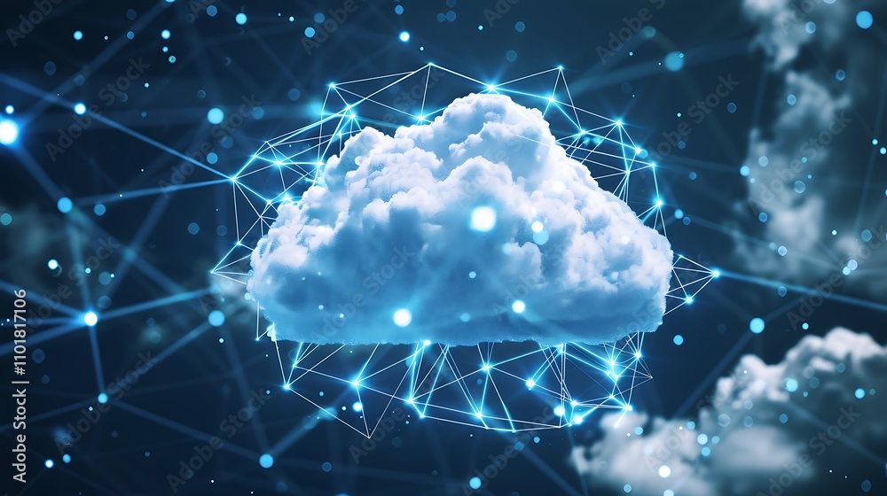 Poster a digital cloud surrounded by a network of connections, symbolizing cloud computing and data exchang