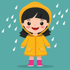 Happy cute kid girl play wear raincoat