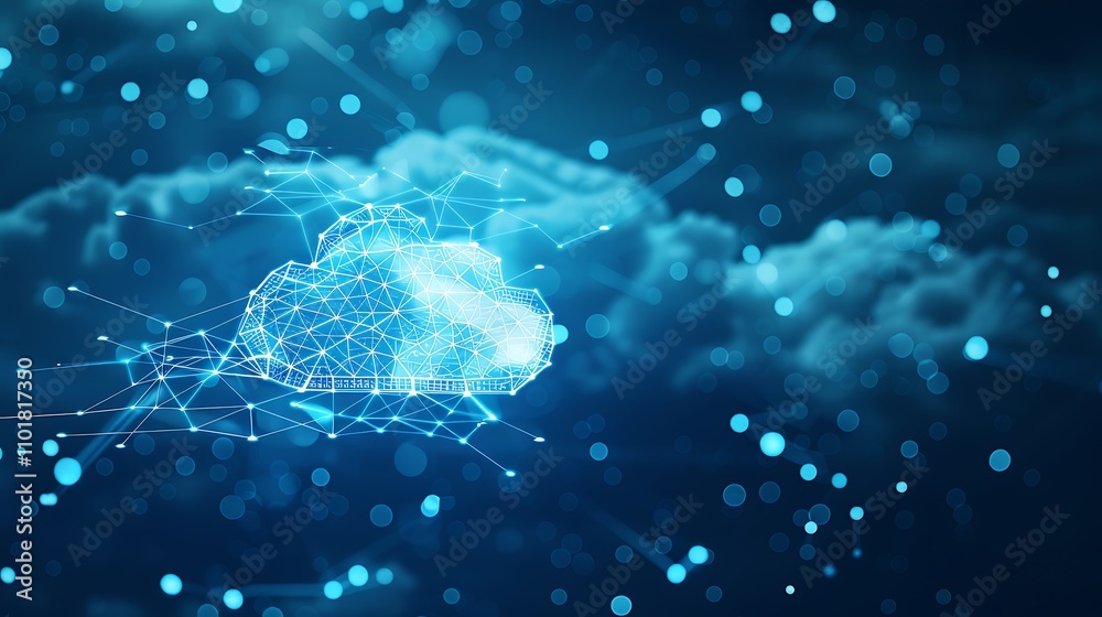 Poster a digital cloud symbolizing data storage and connectivity, surrounded by a network of glowing partic