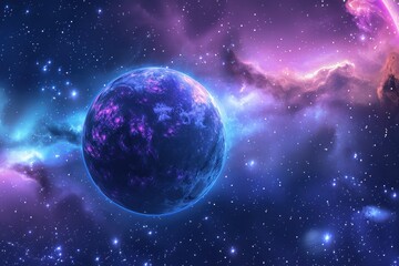 Breathtaking view of a distant, mysterious exoplanet with a vibrant atmosphere and a starry backdrop.