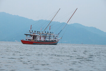 Traditional Indonesian fishing boats, boats and vessels in the waters of the Lampung region, Indonesia
