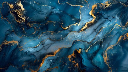 Abstract marble texture wallpaper in blue and gold colors.