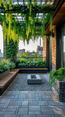 Fototapeta premium Lush and verdant hanging garden oasis showcased in a modern urban greenhouse retreat