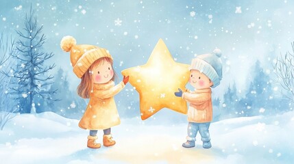 Children playing in snow field. Winter theme background template for greeting card design.