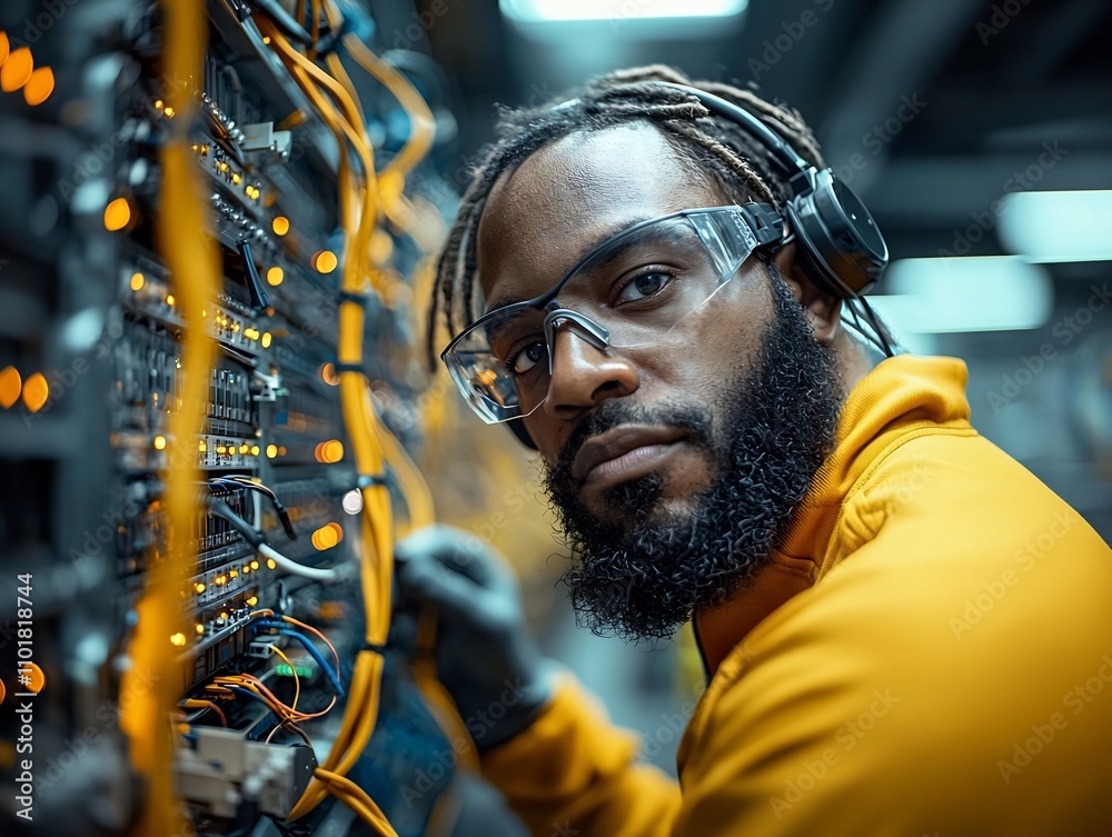 Poster offshore it technicians troubleshooting and repairing complex server racks and networking hardware s