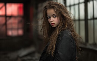 A young woman with flowing hair gazes thoughtfully in an abandoned setting, evoking a sense of nostalgia and mystery, This image can be used for articles on youth, introspection, or fashion,