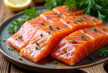 lightly salted red fish Salmon with spices on a wooden table