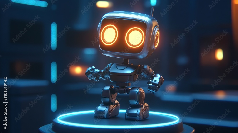 Poster a small futuristic robot stands on a glowing platform