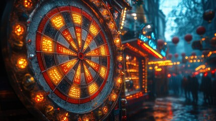 Illuminated dartboard at night market.