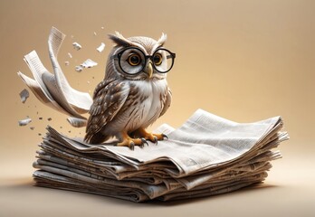 learned wise owl in glasses reading news in newspaper isolated on pastel light brown background