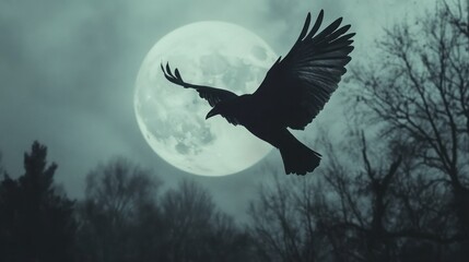 Obraz premium A silhouetted bird flies against a large, glowing moon in a dark, atmospheric landscape.