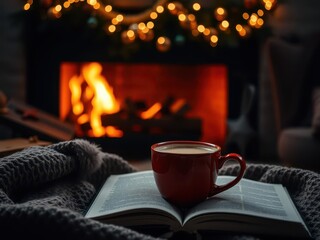 A cozy winter scene with a cup of hot cocoa and a book next to a crackling fireplace, holiday, hot cocoa