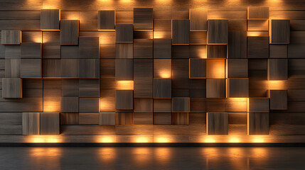 A wall covered in wooden squares with warm lights creates a modern and inviting atmosphere.