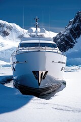 Obraz premium A big white boat sits peacefully on the surface of a lake or ocean, perfect for use in travel, adventure, or relaxation-themed projects